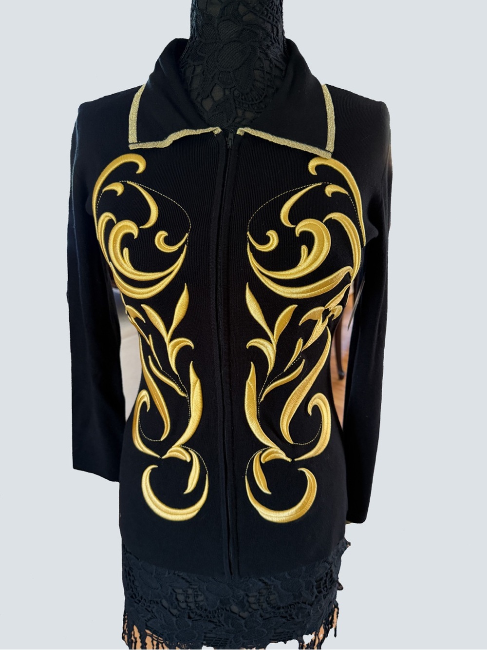 Boston Proper Black Zip Cardigan with Gold Embroidered Scrolls